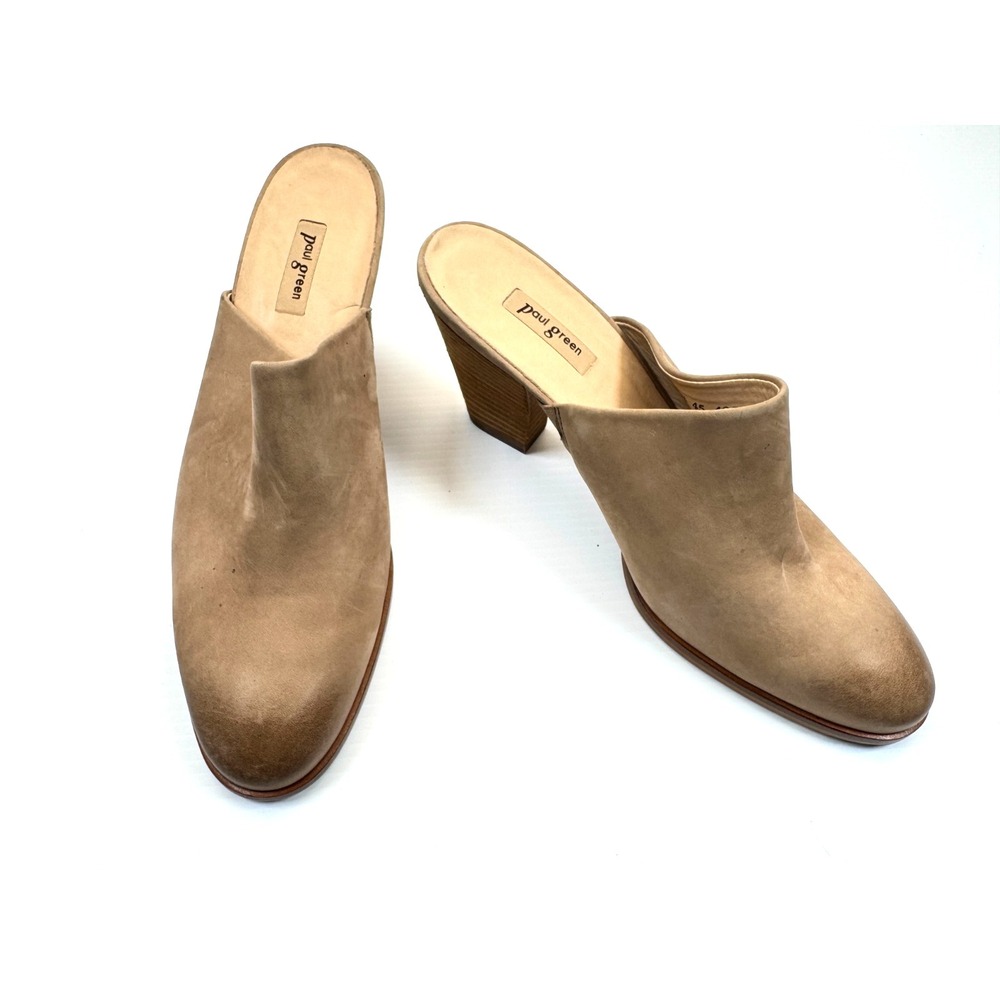 Paul Green Vonda Mules Women 5.5 US 8 EUC Leather Block Heel Clogs Comfort Tan